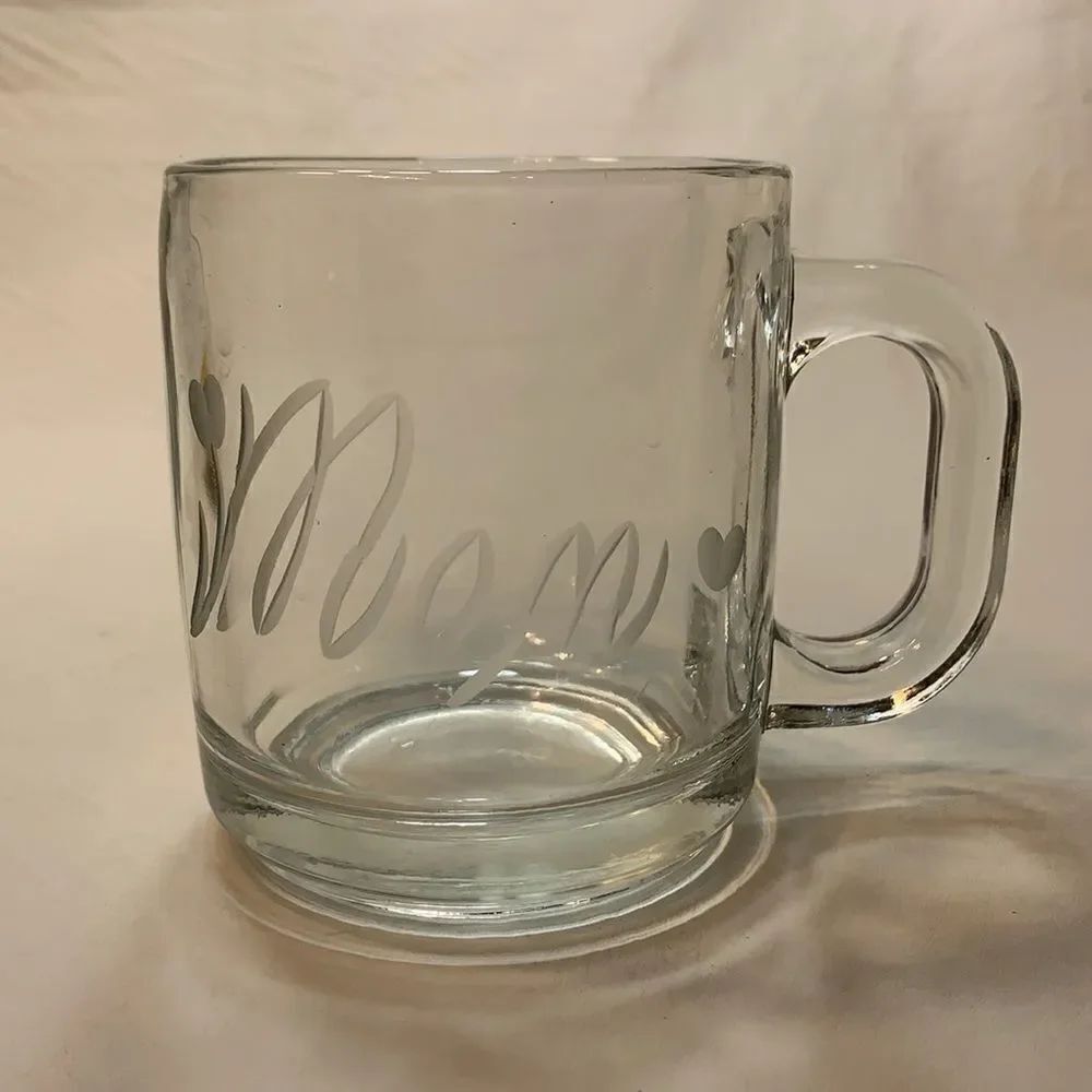 Molded Vintage Clear Glass MOM Etched Coffee Cup